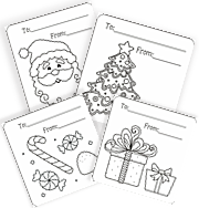 Christmas gift tags, santa gift tags, printable gift tags, free gift tags, gift tags to color, gift tags for kids, christmas coloring pages, gingerbread man coloring