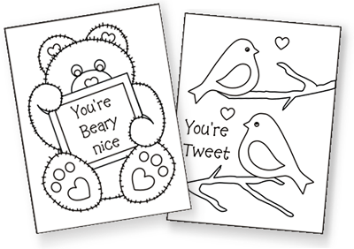 printable Valentine cards for kids, free printable valentine cards, valentine coloring cards, free coloring cards, valentine exchange cards, classroom valentine cards, valentine's day exchange cards, homemade valentine cards, mini valentine cards, teddy bear cards, love bird cards