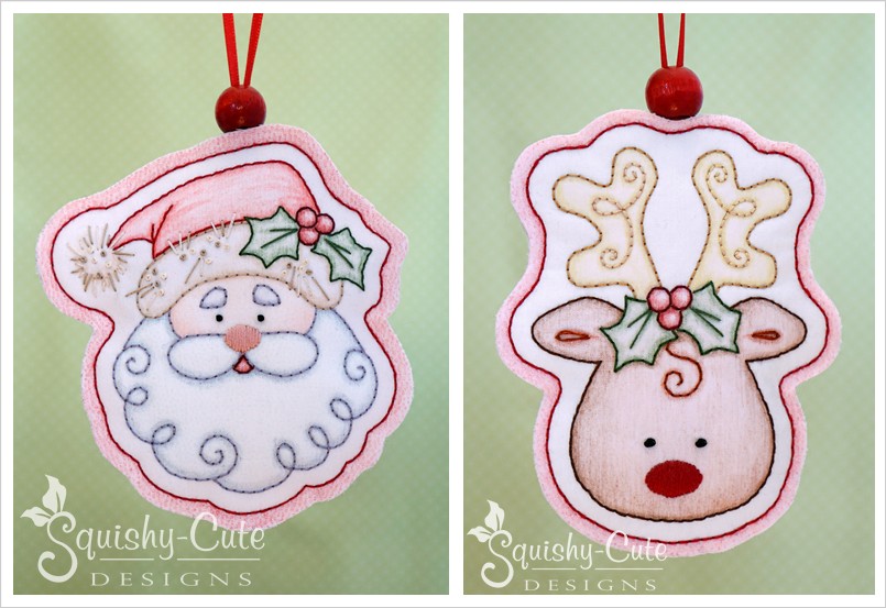 embroidery patterns, embroidery design, Santa Claus, Rudolph, reindeer, crayon tinted, handmade ornaments, embroidered ornaments