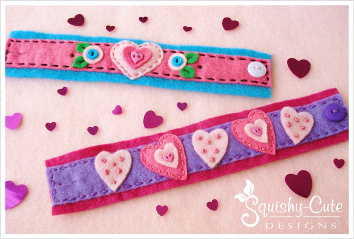 homemade valentine ideas, felt hearts, felt bracelet, free pattern, valentine crafts, kid craft ideas
