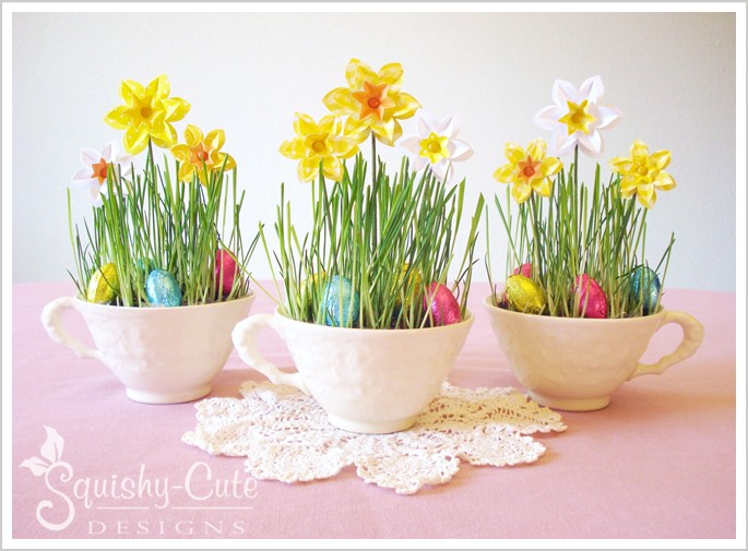 teacup crafts, paper daffodils, teacup ideas, Easter ideas, spring wedding ideas, spring birthday parties, spring baby showers, spring bridal shower, paper flower tutorial, Easter centerpieces, spring wedding centerpieces, Easter place settings