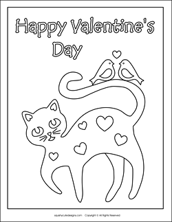 valentine coloring pages, valentine coloring sheets, valentine activities for kids, free printable activities for kids, love birds, valentines day coloring pages, valentine cat