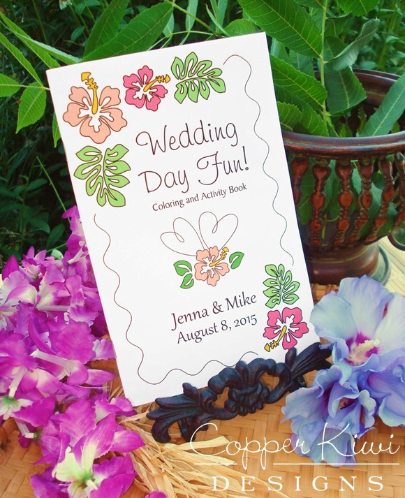 wedding coloring book, wedding coloring pages, wedding activity pages, tropical beach, coloring books, printable pdf, print at home, personalized, Hawaiian theme, wedding favors for kids